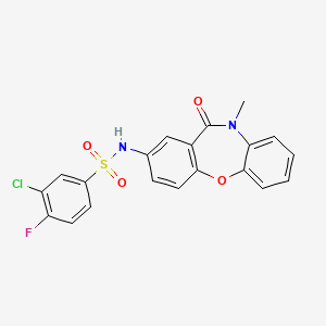 molecular formula C20H14ClFN2O4S B2742333 3-chloro-4-fluoro-N-(10-methyl-11-oxo-10,11-dihydrodibenzo[b,f][1,4]oxazepin-2-yl)benzenesulfonamide CAS No. 922061-43-6