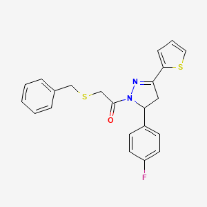 molecular formula C22H19FN2OS2 B2742342 2-Benzylsulfanyl-1-[3-(4-fluorophenyl)-5-thiophen-2-yl-3,4-dihydropyrazol-2-yl]ethanone CAS No. 403842-89-7