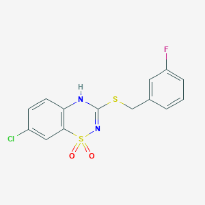 molecular formula C14H10ClFN2O2S2 B2742350 7-chloro-3-((3-fluorobenzyl)thio)-4H-benzo[e][1,2,4]thiadiazine 1,1-dioxide CAS No. 899966-29-1