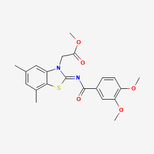 molecular formula C21H22N2O5S B2742375 Methyl 2-[2-(3,4-dimethoxybenzoyl)imino-5,7-dimethyl-1,3-benzothiazol-3-yl]acetate CAS No. 1321896-89-2