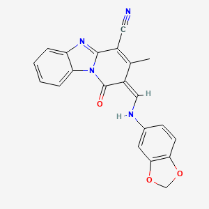 molecular formula C21H14N4O3 B2742396 (2Z)-2-[(1,3-benzodioxol-5-ylamino)methylidene]-3-methyl-1-oxo-1,2-dihydropyrido[1,2-a]benzimidazole-4-carbonitrile CAS No. 881566-49-0