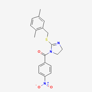 molecular formula C19H19N3O3S B2742519 (2-((2,5-dimethylbenzyl)thio)-4,5-dihydro-1H-imidazol-1-yl)(4-nitrophenyl)methanone CAS No. 851804-52-9