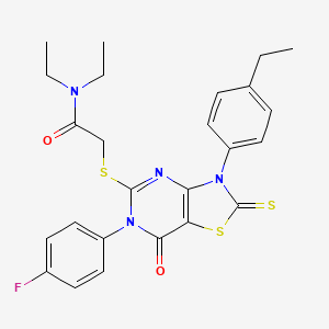 molecular formula C25H25FN4O2S3 B2742521 N,N-二乙基-2-[[3-(4-乙基苯基)-6-(4-氟苯基)-7-氧代-2-硫代-1,3-噻唑并[4,5-d]嘧啶-5-基]硫代]乙酰胺 CAS No. 422299-36-3