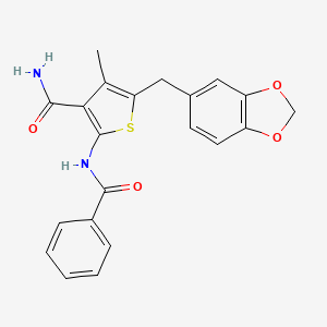 molecular formula C21H18N2O4S B2742570 2-Benzamido-5-(benzo[d][1,3]dioxol-5-ylmethyl)-4-methylthiophene-3-carboxamide CAS No. 476368-11-3
