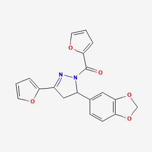 molecular formula C19H14N2O5 B2742592 (5-(benzo[d][1,3]dioxol-5-yl)-3-(furan-2-yl)-4,5-dihydro-1H-pyrazol-1-yl)(furan-2-yl)methanone CAS No. 1400025-70-8