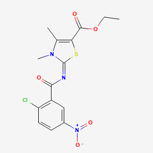 molecular formula C15H14ClN3O5S B2742665 乙基(2Z)-2-[(2-氯-5-硝基苯甲酰)亚胺]-3,4-二甲基-2,3-二氢-1,3-噻唑-5-甲酸酯 CAS No. 393838-86-3