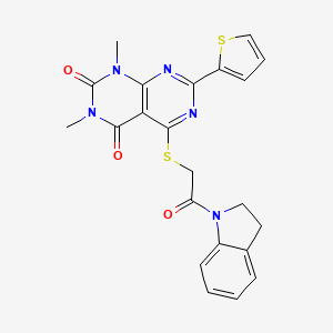 molecular formula C22H19N5O3S2 B2742711 5-((2-(indolin-1-yl)-2-oxoethyl)thio)-1,3-dimethyl-7-(thiophen-2-yl)pyrimido[4,5-d]pyrimidine-2,4(1H,3H)-dione CAS No. 847191-55-3