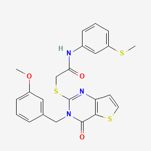molecular formula C23H21N3O3S3 B2742714 2-{[3-(3-甲氧基苄基)-4-氧代-3,4-二氢噻吩并[3,2-d]嘧啶-2-基]硫醚}-N-[3-(甲硫基)苯基]乙酰胺 CAS No. 1252826-01-9