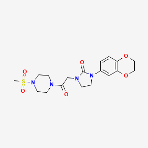 molecular formula C18H24N4O6S B2742813 1-(2,3-Dihydrobenzo[b][1,4]dioxin-6-yl)-3-(2-(4-(methylsulfonyl)piperazin-1-yl)-2-oxoethyl)imidazolidin-2-one CAS No. 1286713-94-7