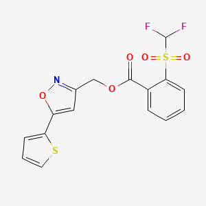 molecular formula C16H11F2NO5S2 B2742949 (5-(Thiophen-2-yl)isoxazol-3-yl)methyl 2-((difluoromethyl)sulfonyl)benzoate CAS No. 1203303-62-1