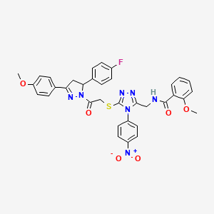 N-((5-((2-(5-(4-fluorophenyl)-3-(4-methoxyphenyl)-4,5-dihydro-1H-pyrazol-1-yl)-2-oxoethyl)thio)-4-(4-nitrophenyl)-4H-1,2,4-triazol-3-yl)methyl)-2-methoxybenzamide