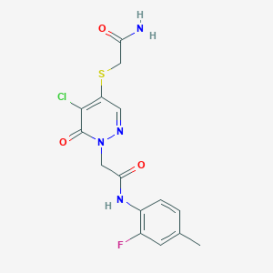 molecular formula C15H14ClFN4O3S B2743194 2-(4-((2-amino-2-oxoethyl)thio)-5-chloro-6-oxopyridazin-1(6H)-yl)-N-(2-fluoro-4-methylphenyl)acetamide CAS No. 1251670-74-2