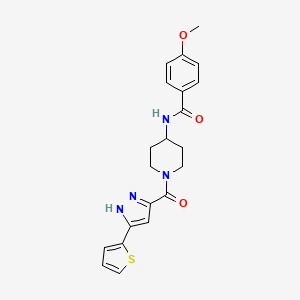 molecular formula C21H22N4O3S B2743213 4-methoxy-N-(1-(3-(thiophen-2-yl)-1H-pyrazole-5-carbonyl)piperidin-4-yl)benzamide CAS No. 1322723-67-0
