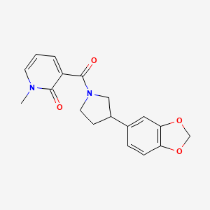 molecular formula C18H18N2O4 B2743271 3-(3-(benzo[d][1,3]dioxol-5-yl)pyrrolidine-1-carbonyl)-1-methylpyridin-2(1H)-one CAS No. 2034597-21-0