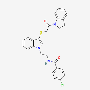 molecular formula C27H24ClN3O2S B2743275 4-chloro-N-(2-(3-((2-(indolin-1-yl)-2-oxoethyl)thio)-1H-indol-1-yl)ethyl)benzamide CAS No. 532972-39-7