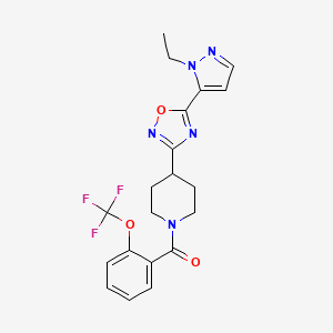 molecular formula C20H20F3N5O3 B2743385 (4-(5-(1-ethyl-1H-pyrazol-5-yl)-1,2,4-oxadiazol-3-yl)piperidin-1-yl)(2-(trifluoromethoxy)phenyl)methanone CAS No. 2034249-15-3