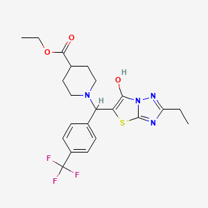 molecular formula C22H25F3N4O3S B2743449 乙酸乙酯 1-((2-乙基-6-羟基噻唑并[3,2-b][1,2,4]三唑-5-基)(4-(三氟甲基)苯基)甲基)哌啶-4-甲酸盐酸盐 CAS No. 886907-32-0