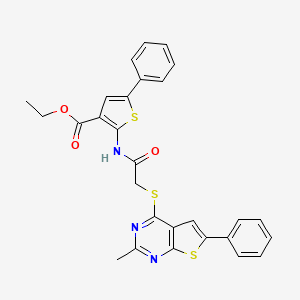 molecular formula C28H23N3O3S3 B2743615 Ethyl 2-({[(2-methyl-6-phenylthieno[2,3-d]pyrimidin-4-yl)sulfanyl]acetyl}amino)-5-phenylthiophene-3-carboxylate CAS No. 315696-94-7