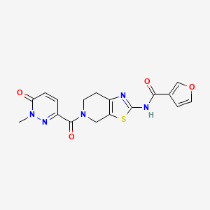 molecular formula C17H15N5O4S B2743627 N-(5-(1-methyl-6-oxo-1,6-dihydropyridazine-3-carbonyl)-4,5,6,7-tetrahydrothiazolo[5,4-c]pyridin-2-yl)furan-3-carboxamide CAS No. 1428374-77-9
