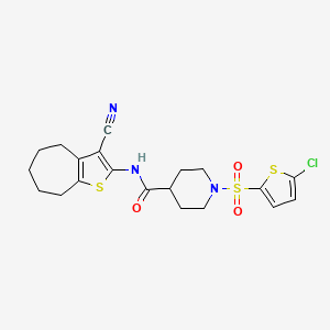 molecular formula C20H22ClN3O3S3 B2743670 1-((5-chlorothiophen-2-yl)sulfonyl)-N-(3-cyano-5,6,7,8-tetrahydro-4H-cyclohepta[b]thiophen-2-yl)piperidine-4-carboxamide CAS No. 900001-46-9