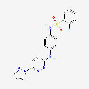 molecular formula C19H15FN6O2S B2743780 N-(4-((6-(1H-吡唑-1-基)吡啶并[3-yl]氨基)苯基)-2-氟苯磺酰胺 CAS No. 1014027-02-1