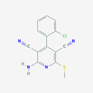 molecular formula C14H9ClN4S B2743818 2-Amino-4-(2-chlorophenyl)-6-methylsulfanylpyridine-3,5-dicarbonitrile CAS No. 310454-17-2
