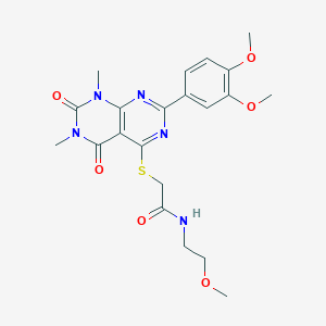 molecular formula C21H25N5O6S B2743853 2-((2-(3,4-dimethoxyphenyl)-6,8-dimethyl-5,7-dioxo-5,6,7,8-tetrahydropyrimido[4,5-d]pyrimidin-4-yl)thio)-N-(2-methoxyethyl)acetamide CAS No. 872842-63-2