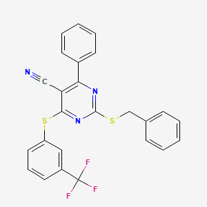 molecular formula C25H16F3N3S2 B2743857 2-(Benzylsulfanyl)-4-phenyl-6-{[3-(trifluoromethyl)phenyl]sulfanyl}-5-pyrimidinecarbonitrile CAS No. 303985-07-1