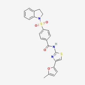 molecular formula C23H19N3O4S2 B2743910 4-(indolin-1-ylsulfonyl)-N-(4-(5-methylfuran-2-yl)thiazol-2-yl)benzamide CAS No. 361171-04-2