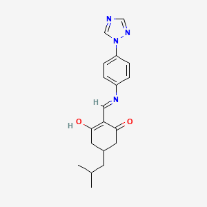 molecular formula C19H22N4O2 B2743971 5-(2-Methylpropyl)-2-(((4-(1,2,4-triazolyl)phenyl)amino)methylene)cyclohexane-1,3-dione CAS No. 1024154-12-8