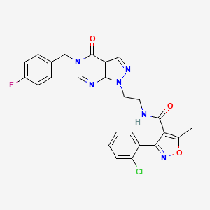 molecular formula C25H20ClFN6O3 B2744009 3-(2-chlorophenyl)-N-(2-(5-(4-fluorobenzyl)-4-oxo-4,5-dihydro-1H-pyrazolo[3,4-d]pyrimidin-1-yl)ethyl)-5-methylisoxazole-4-carboxamide CAS No. 922060-10-4