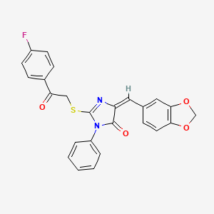 molecular formula C25H17FN2O4S B2744030 (5E)-5-(1,3-benzodioxol-5-ylmethylidene)-2-[2-(4-fluorophenyl)-2-oxoethyl]sulfanyl-3-phenylimidazol-4-one CAS No. 307325-68-4