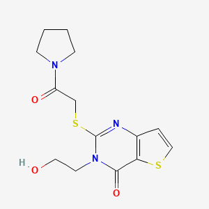 molecular formula C14H17N3O3S2 B2744100 3-(2-hydroxyethyl)-2-((2-oxo-2-(pyrrolidin-1-yl)ethyl)thio)thieno[3,2-d]pyrimidin-4(3H)-one CAS No. 1795413-18-1