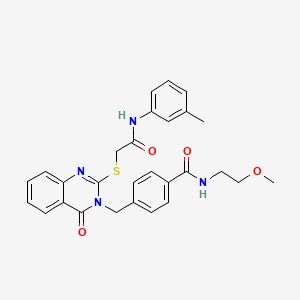 molecular formula C28H28N4O4S B2744108 N-(2-甲氧基乙基)-4-((4-氧代-2-((2-氧代-2-(间甲苯氨基)乙基)硫代)喹唑啉-3(4H)-基甲基)苯甲酰胺 CAS No. 1115434-33-7
