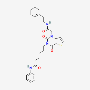molecular formula C28H34N4O4S B2744124 6-[1-(2-{[2-(cyclohex-1-en-1-yl)ethyl]amino}-2-oxoethyl)-2,4-dioxo-1,4-dihydrothieno[3,2-d]pyrimidin-3(2H)-yl]-N-phenylhexanamide CAS No. 866013-44-7