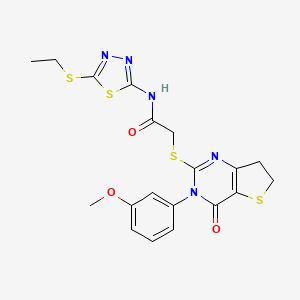 molecular formula C19H19N5O3S4 B2744180 N-(5-(乙硫基)-1,3,4-噻二唑-2-基)-2-((3-(3-甲氧基苯基)-4-氧代-3,4,6,7-四氢噻唑并[3,2-d]嘧啶-2-基)硫醚)乙酰胺 CAS No. 877655-73-7