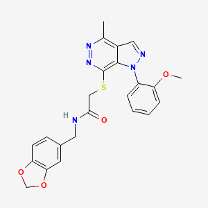 molecular formula C23H21N5O4S B2744243 N-(benzo[d][1,3]dioxol-5-ylmethyl)-2-((1-(2-methoxyphenyl)-4-methyl-1H-pyrazolo[3,4-d]pyridazin-7-yl)thio)acetamide CAS No. 1105239-02-8