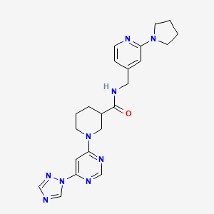 molecular formula C22H27N9O B2744251 1-(6-(1H-1,2,4-三唑-1-基)嘧啶-4-基)-N-((2-(吡咯啉-1-基)嘧啶-4-基)甲基)哌啶-3-甲酸酯 CAS No. 1797902-62-5