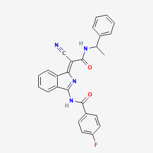 molecular formula C26H19FN4O2 B2744259 (Z)-N-(1-(1-cyano-2-oxo-2-((1-phenylethyl)amino)ethylidene)-1H-isoindol-3-yl)-4-fluorobenzamide CAS No. 885187-10-0
