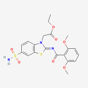 molecular formula C20H21N3O7S2 B2744274 乙酸-2-[2-(2,6-二甲氧基苯甲酰)亚氨基-6-磺酰胺基-1,3-苯并噻唑-3-基]乙酸酯 CAS No. 865248-31-3