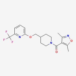 molecular formula C18H20F3N3O3 B2744296 2-{[1-(3,5-二甲基-1,2-噁唑-4-甲酰)哌啶-4-基]甲氧基}-6-(三氟甲基)吡啶 CAS No. 2199063-48-2