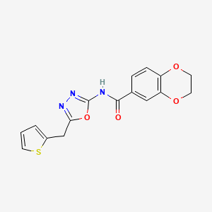 molecular formula C16H13N3O4S B2744333 N-(5-(thiophen-2-ylmethyl)-1,3,4-oxadiazol-2-yl)-2,3-dihydrobenzo[b][1,4]dioxine-6-carboxamide CAS No. 1021051-91-1