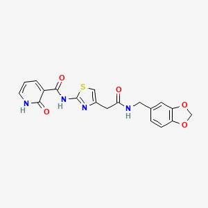 molecular formula C19H16N4O5S B2744367 N-(4-(2-((benzo[d][1,3]dioxol-5-ylmethyl)amino)-2-oxoethyl)thiazol-2-yl)-2-oxo-1,2-dihydropyridine-3-carboxamide CAS No. 946207-26-7