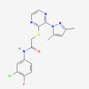 molecular formula C17H15ClFN5OS B2744386 N-(3-chloro-4-fluorophenyl)-2-((3-(3,5-dimethyl-1H-pyrazol-1-yl)pyrazin-2-yl)thio)acetamide CAS No. 1251604-41-7
