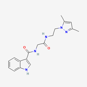 molecular formula C18H21N5O2 B2744458 N-(2-((2-(3,5-dimethyl-1H-pyrazol-1-yl)ethyl)amino)-2-oxoethyl)-1H-indole-3-carboxamide CAS No. 1251696-52-2