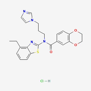 molecular formula C24H25ClN4O3S B2744474 N-(3-(1H-imidazol-1-yl)propyl)-N-(4-ethylbenzo[d]thiazol-2-yl)-2,3-dihydrobenzo[b][1,4]dioxine-6-carboxamide hydrochloride CAS No. 1216837-59-0