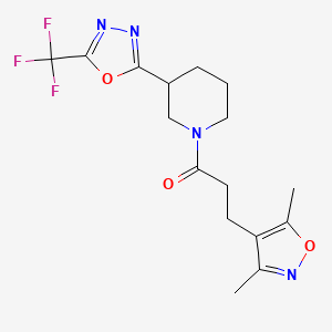 molecular formula C16H19F3N4O3 B2744533 3-(3,5-Dimethylisoxazol-4-yl)-1-(3-(5-(trifluoromethyl)-1,3,4-oxadiazol-2-yl)piperidin-1-yl)propan-1-one CAS No. 1396881-34-7