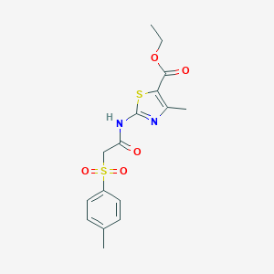 molecular formula C16H18N2O5S2 B274463 4-Methyl-2-[2-(toluene-4-sulfonyl)-acetylamino]-thiazole-5-carboxylic acid ethyl ester 