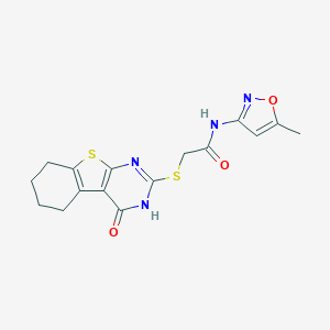 molecular formula C16H16N4O3S2 B274466 N-(5-methyl-1,2-oxazol-3-yl)-2-[(4-oxo-3,4,5,6,7,8-hexahydro[1]benzothieno[2,3-d]pyrimidin-2-yl)sulfanyl]acetamide 