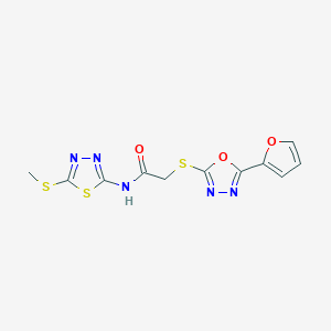 molecular formula C11H9N5O3S3 B274478 2-{[5-(furan-2-yl)-1,3,4-oxadiazol-2-yl]sulfanyl}-N-[5-(methylsulfanyl)-1,3,4-thiadiazol-2-yl]acetamide 